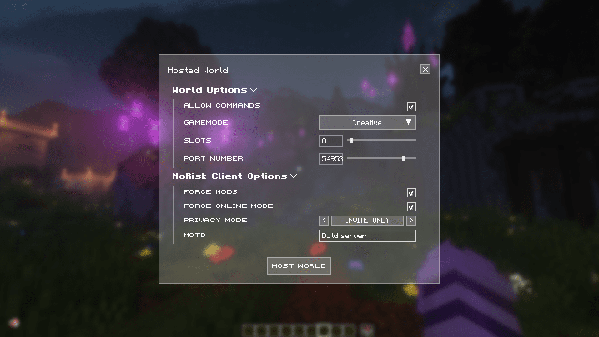 An Minecraft-ingame-screenshot, displaying the NoRisk Client Hosted World menu. It lists all of the settings described above.